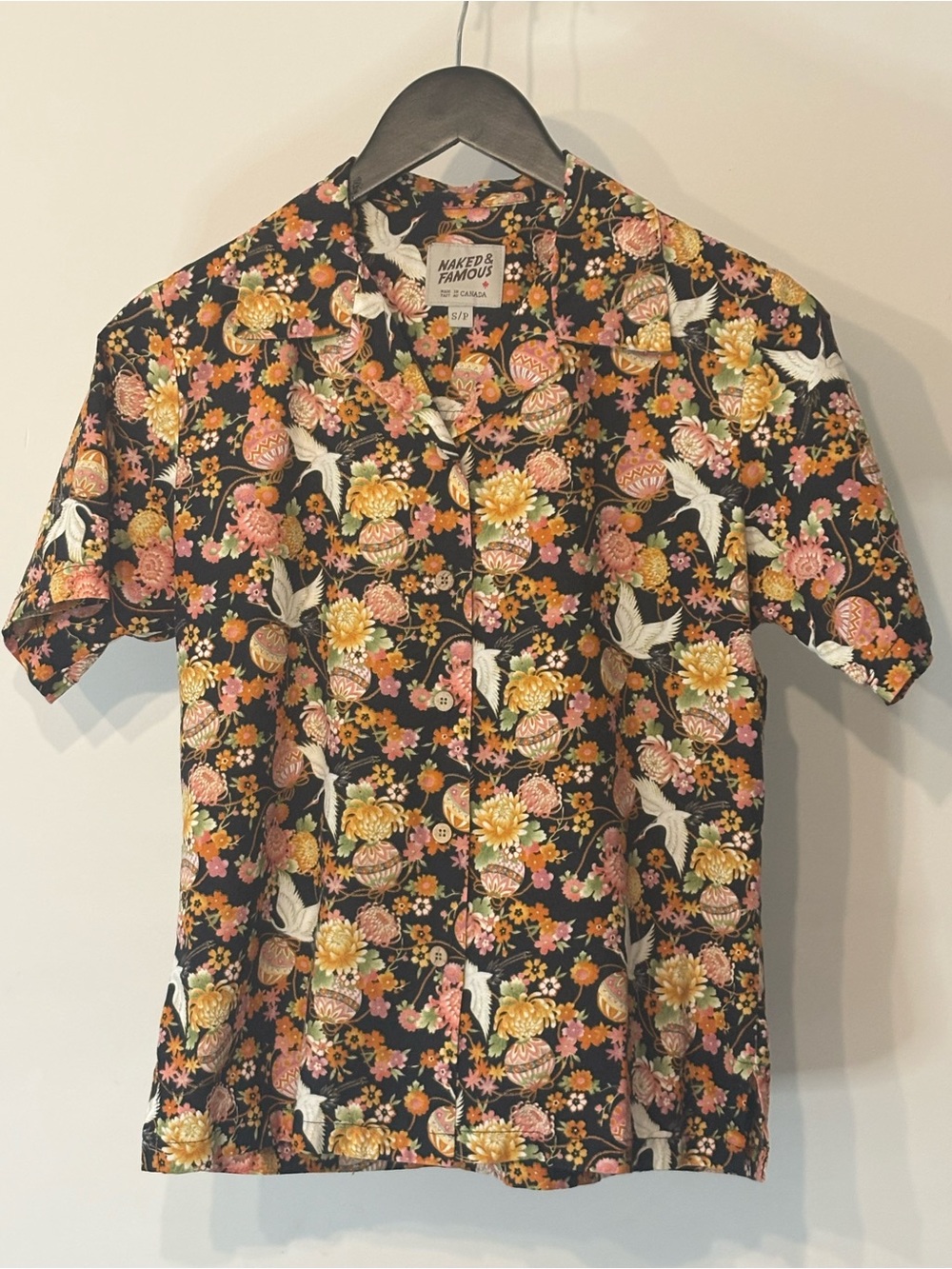 Naked & Famous Japanese Crane Floral Aloha Camp Collar Button Up Shirt S
